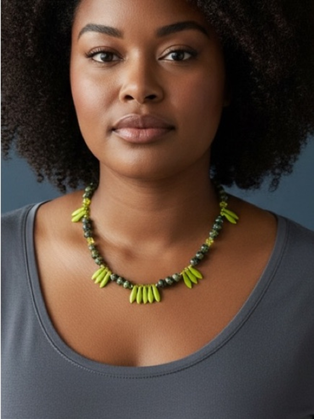 Unique stone & acrylic bead necklace, tones of greens, Modern Boho